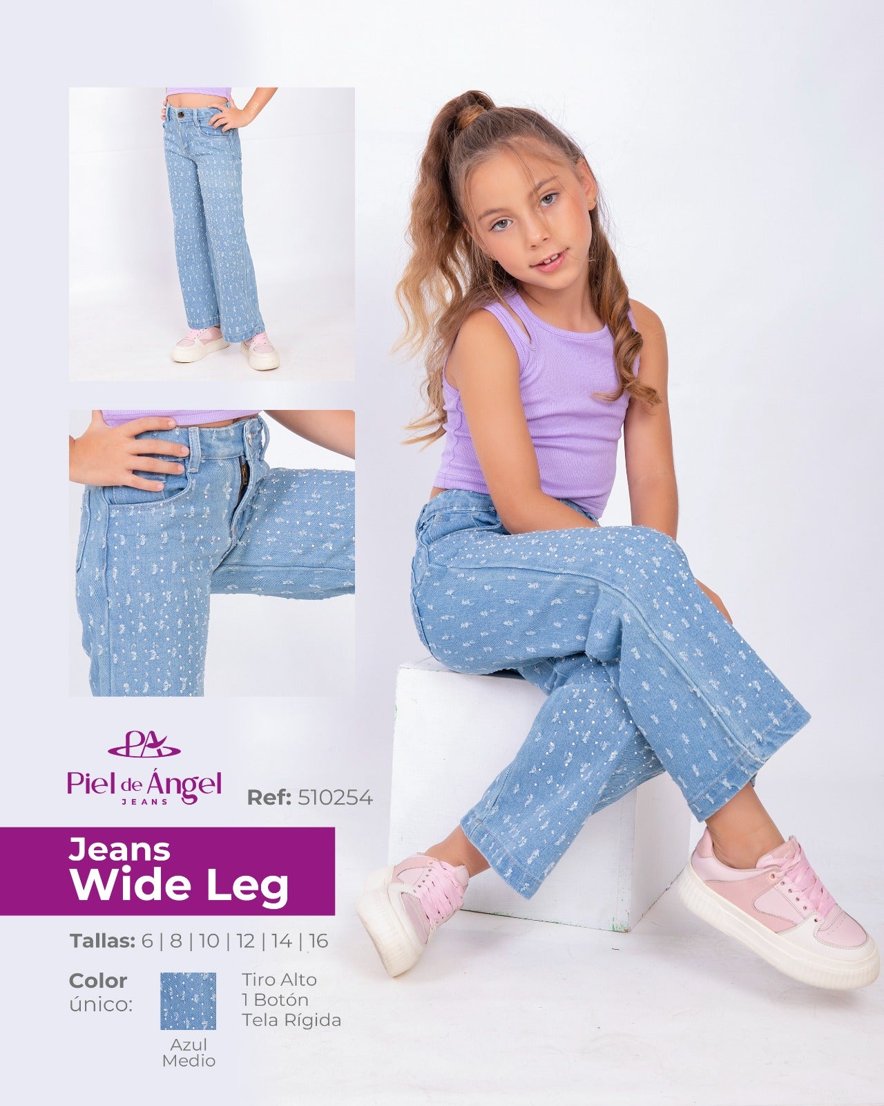 Jeans Wide Leg Azul Medio con Estampado – Ref: 510254