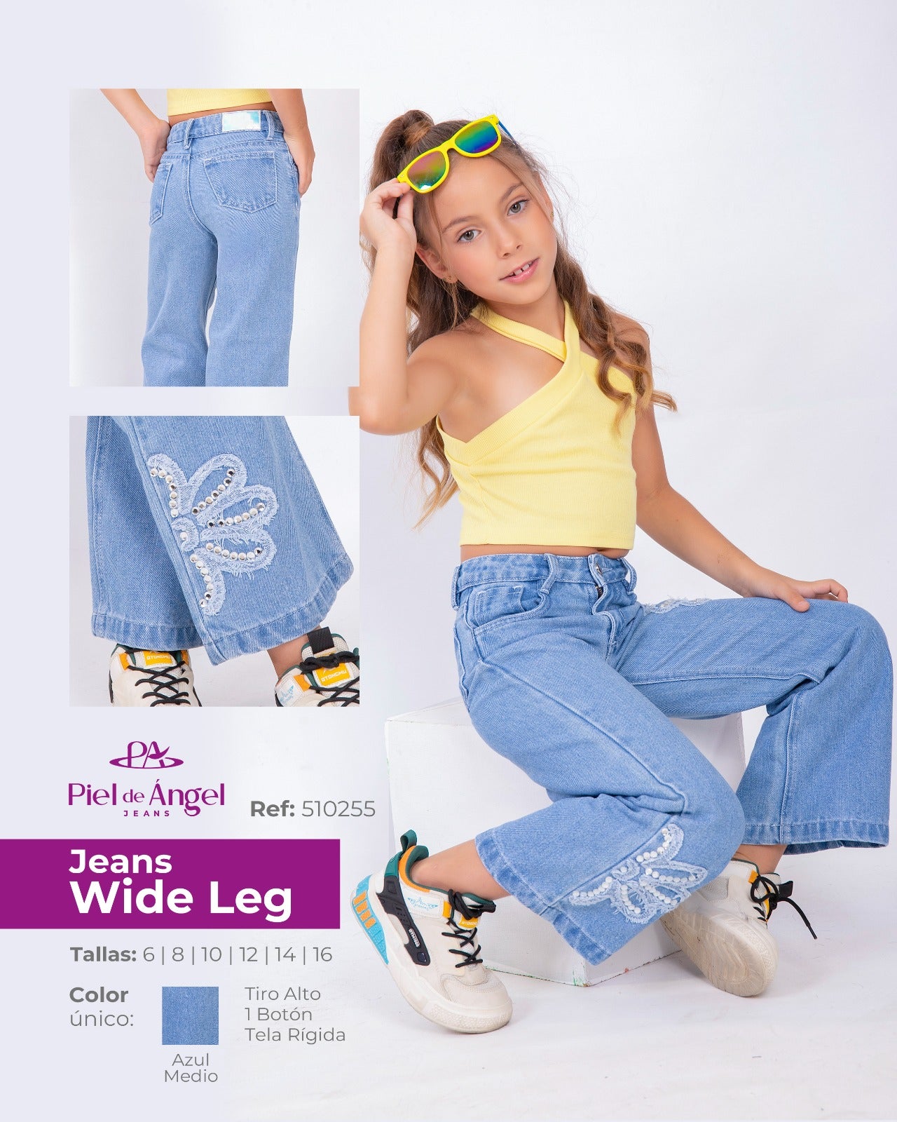 Jeans Wide Leg Azul Medio con Bordado – Ref: 510255